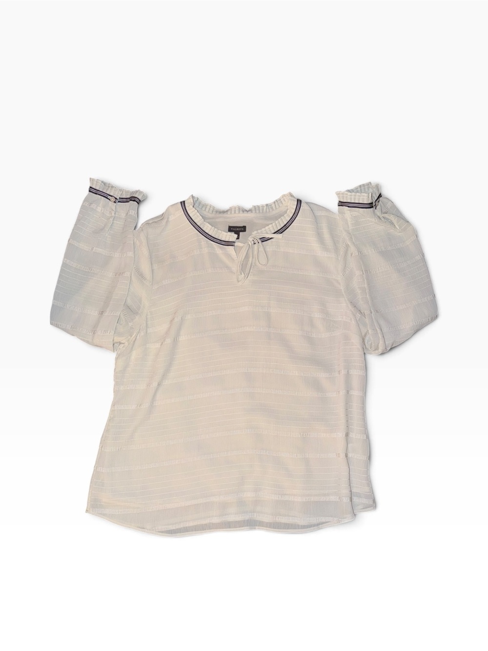 Talbots Textured Stripe Ruffle Neck Blouse Ivory Cream & Navy Size XL